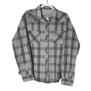 Wrangler Rock 47 Shirt Mens XL Black/Gray Plaid Western Pearl‎ Snap W/Graphic